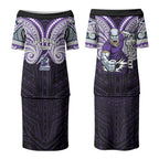 Custom Melbourne Storm Couples Matching Puletasi and Long Sleeve Button Shirt Lightning Warrior Polynesia Islander Rugby Mascot