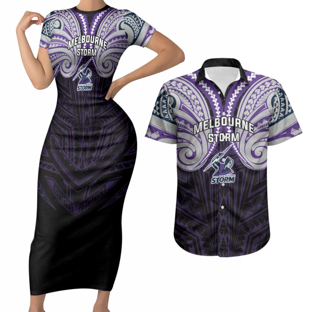 Custom Melbourne Storm Couples Matching Short Sleeve Bodycon Dress and Hawaiian Shirt Lightning Warrior Polynesia Islander Rugby Mascot