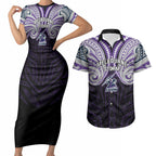 Custom Melbourne Storm Couples Matching Short Sleeve Bodycon Dress and Hawaiian Shirt Lightning Warrior Polynesia Islander Rugby Mascot