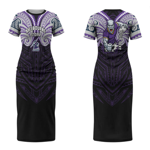 Custom Melbourne Storm Couples Matching Short Sleeve Bodycon Dress and Hawaiian Shirt Lightning Warrior Polynesia Islander Rugby Mascot