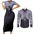 Custom Melbourne Storm Couples Matching Short Sleeve Bodycon Dress and Long Sleeve Button Shirt Lightning Warrior Polynesia Islander Rugby Mascot