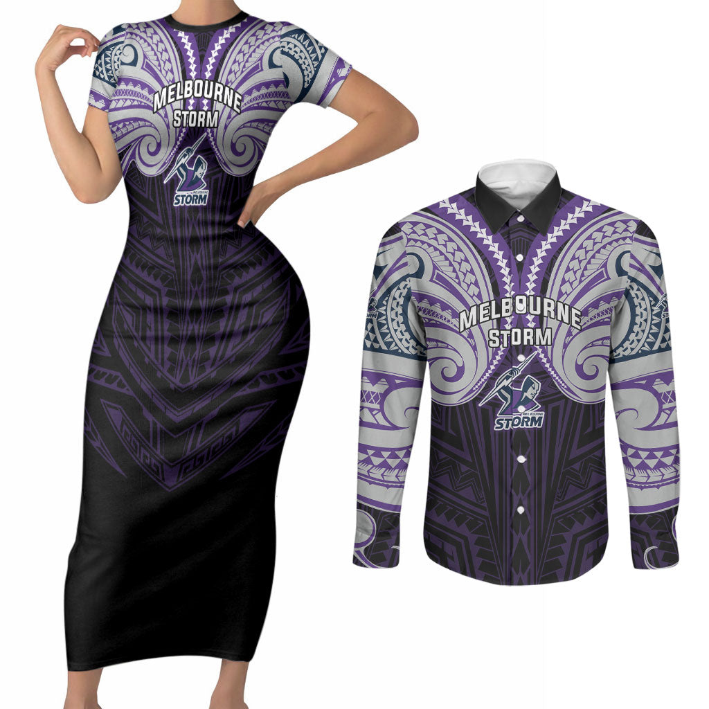 Custom Melbourne Storm Couples Matching Short Sleeve Bodycon Dress and Long Sleeve Button Shirt Lightning Warrior Polynesia Islander Rugby Mascot