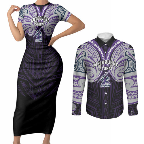 Custom Melbourne Storm Couples Matching Short Sleeve Bodycon Dress and Long Sleeve Button Shirt Lightning Warrior Polynesia Islander Rugby Mascot