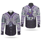 Custom Melbourne Storm Couples Matching Short Sleeve Bodycon Dress and Long Sleeve Button Shirt Lightning Warrior Polynesia Islander Rugby Mascot