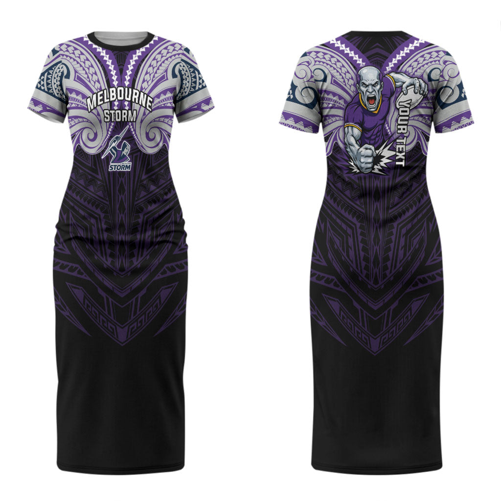Custom Melbourne Storm Couples Matching Short Sleeve Bodycon Dress and Long Sleeve Button Shirt Lightning Warrior Polynesia Islander Rugby Mascot
