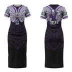 Custom Melbourne Storm Couples Matching Short Sleeve Bodycon Dress and Long Sleeve Button Shirt Lightning Warrior Polynesia Islander Rugby Mascot