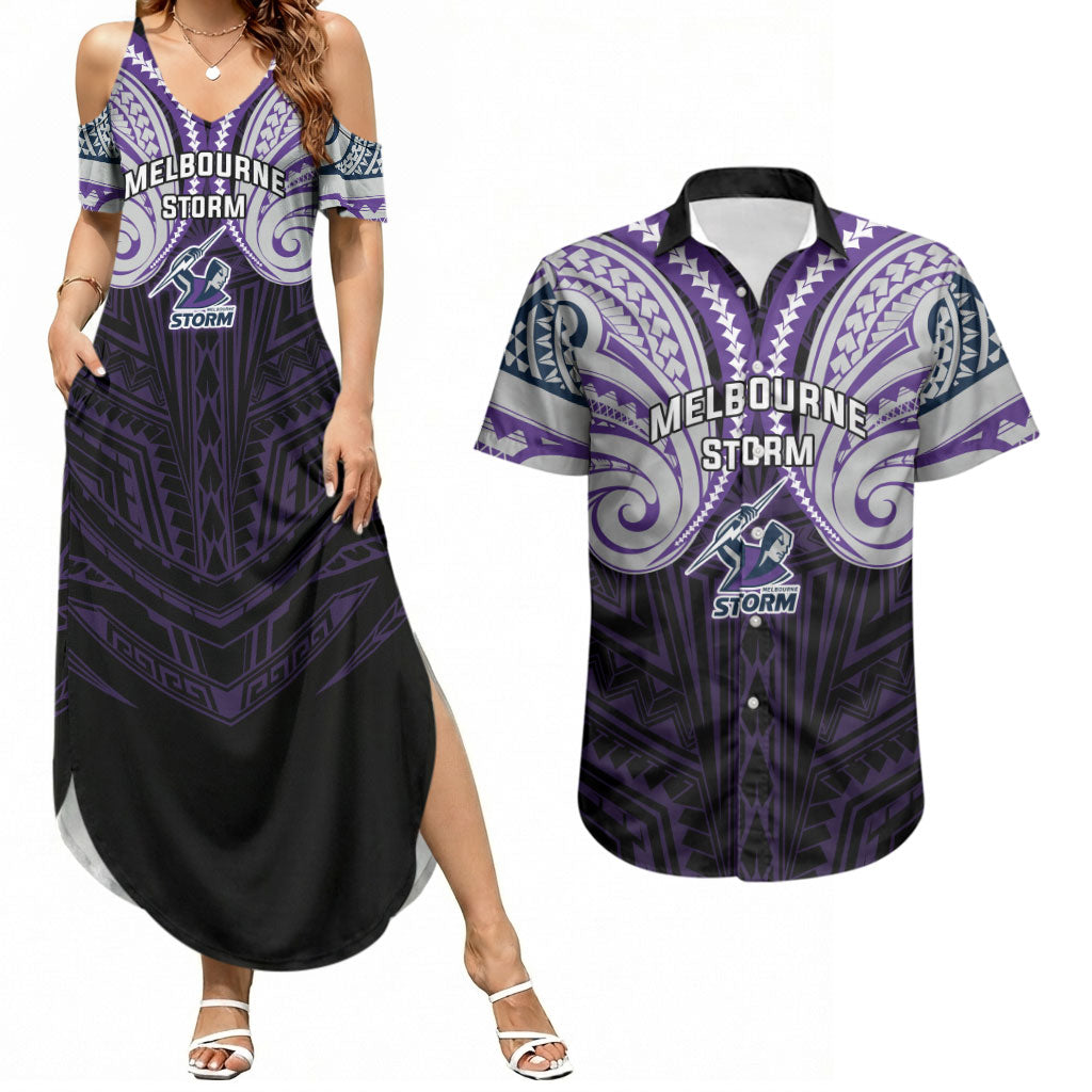 Custom Melbourne Storm Couples Matching Summer Maxi Dress and Hawaiian Shirt Lightning Warrior Polynesia Islander Rugby Mascot