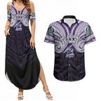 Custom Melbourne Storm Couples Matching Summer Maxi Dress and Hawaiian Shirt Lightning Warrior Polynesia Islander Rugby Mascot