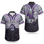 Custom Melbourne Storm Couples Matching Summer Maxi Dress and Hawaiian Shirt Lightning Warrior Polynesia Islander Rugby Mascot