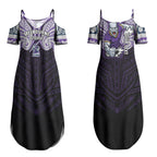 Custom Melbourne Storm Couples Matching Summer Maxi Dress and Hawaiian Shirt Lightning Warrior Polynesia Islander Rugby Mascot