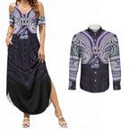 Custom Melbourne Storm Couples Matching Summer Maxi Dress and Long Sleeve Button Shirt Lightning Warrior Polynesia Islander Rugby Mascot