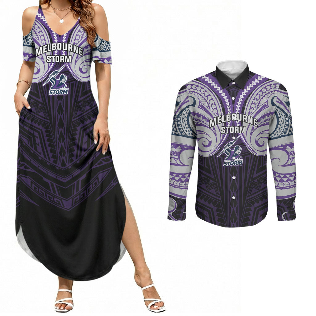 Custom Melbourne Storm Couples Matching Summer Maxi Dress and Long Sleeve Button Shirt Lightning Warrior Polynesia Islander Rugby Mascot