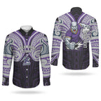 Custom Melbourne Storm Couples Matching Summer Maxi Dress and Long Sleeve Button Shirt Lightning Warrior Polynesia Islander Rugby Mascot