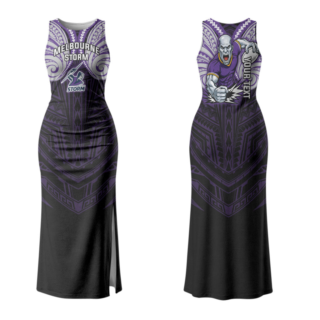 Custom Melbourne Storm Couples Matching Tank Maxi Dress and Hawaiian Shirt Lightning Warrior Polynesia Islander Rugby Mascot