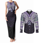 Custom Melbourne Storm Couples Matching Tank Maxi Dress and Long Sleeve Button Shirt Lightning Warrior Polynesia Islander Rugby Mascot