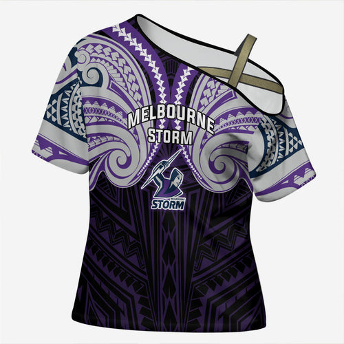 Custom Melbourne Storm Cross Shoulder Shirt Lightning Warrior Polynesia Islander Rugby Mascot