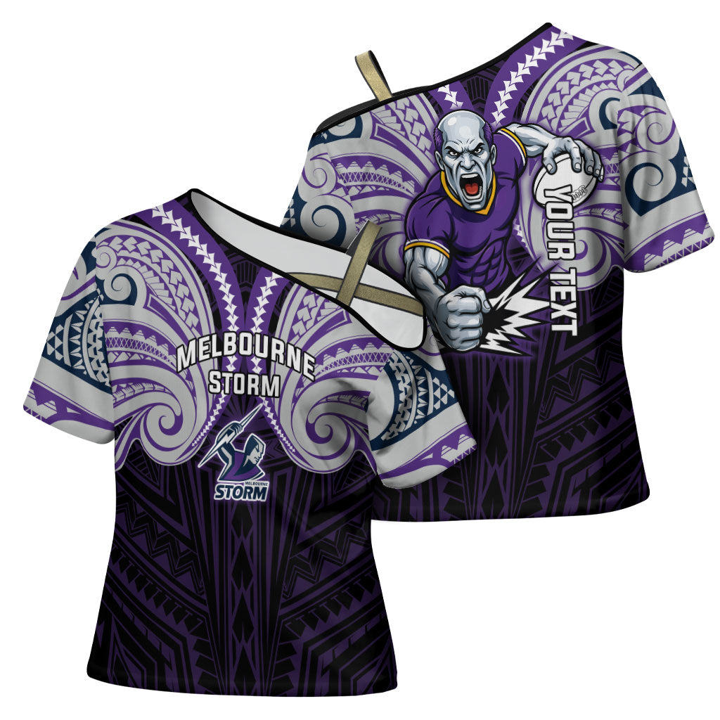 Custom Melbourne Storm Cross Shoulder Shirt Lightning Warrior Polynesia Islander Rugby Mascot