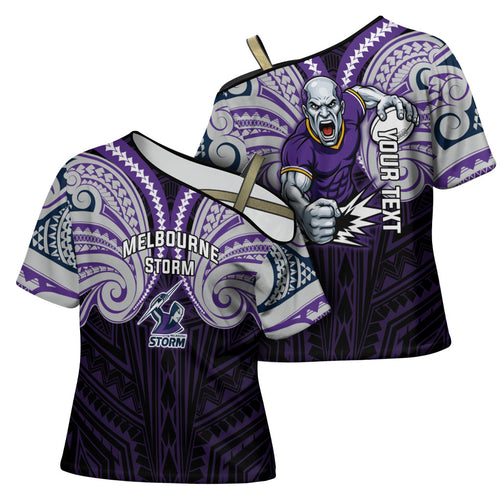 Custom Melbourne Storm Cross Shoulder Shirt Lightning Warrior Polynesia Islander Rugby Mascot