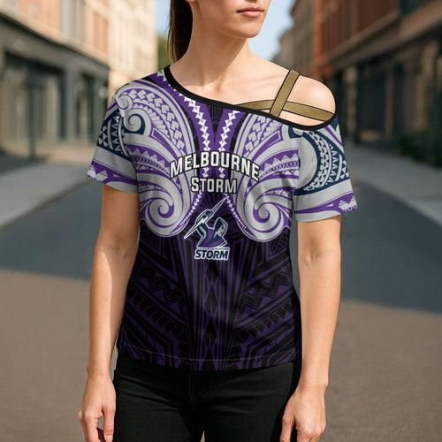Custom Melbourne Storm Cross Shoulder Shirt Lightning Warrior Polynesia Islander Rugby Mascot