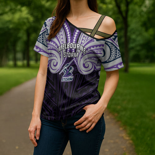 Custom Melbourne Storm Cross Shoulder Shirt Lightning Warrior Polynesia Islander Rugby Mascot