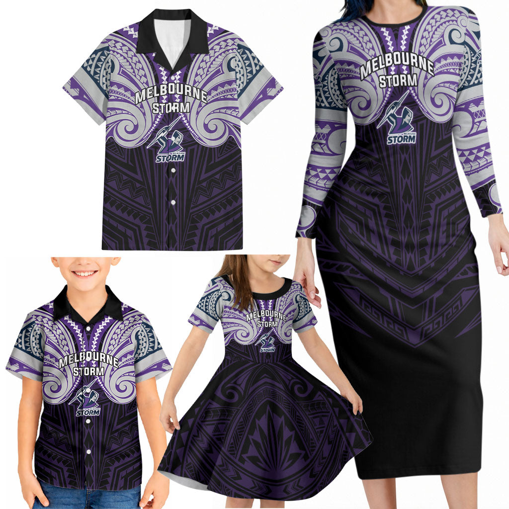 Custom Melbourne Storm Family Matching Long Sleeve Bodycon Dress and Hawaiian Shirt Lightning Warrior Polynesia Islander Rugby Mascot