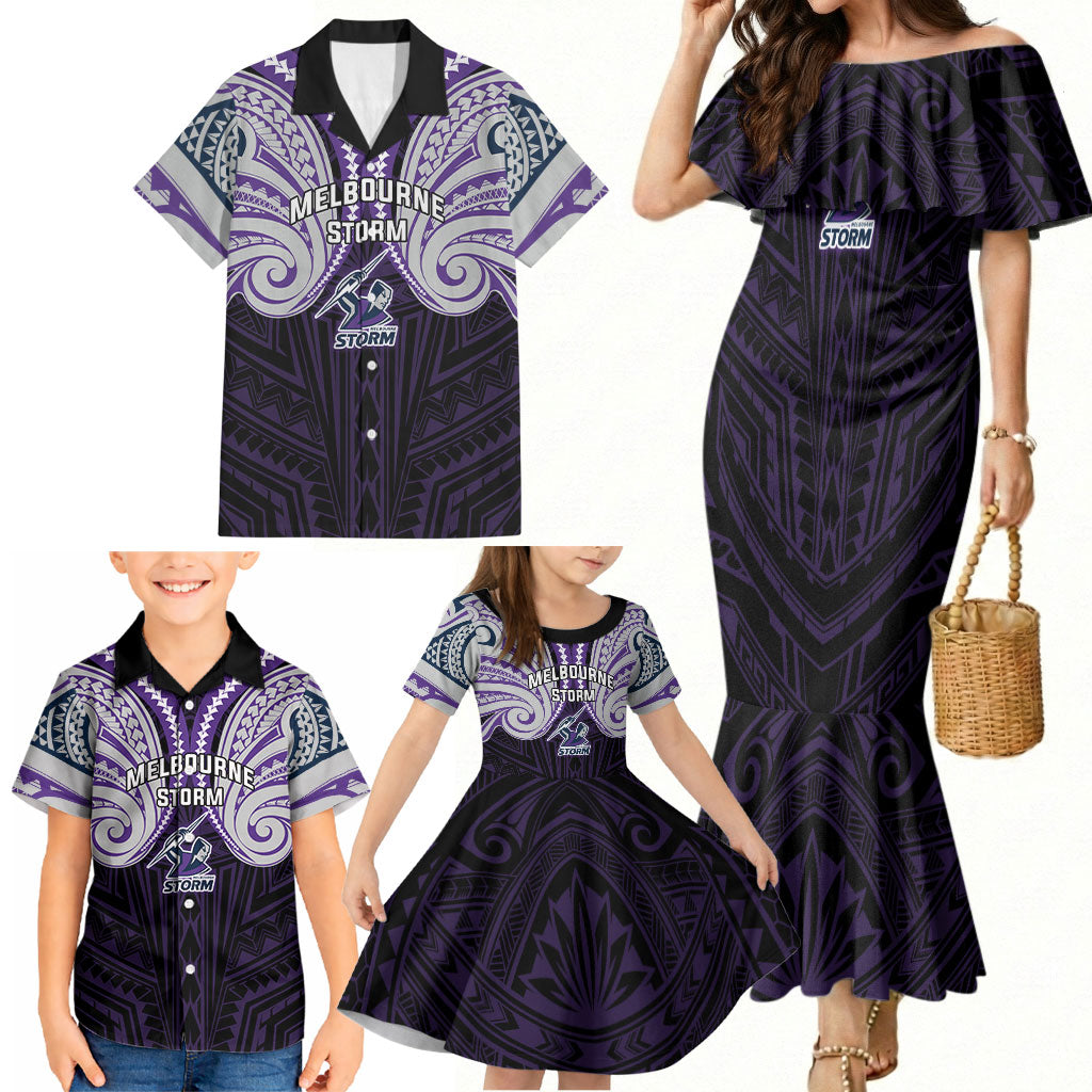 Custom Melbourne Storm Family Matching Mermaid Dress and Hawaiian Shirt Lightning Warrior Polynesia Islander Rugby Mascot