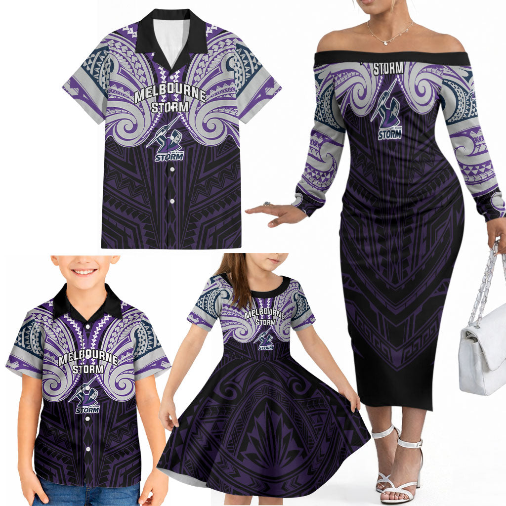 Custom Melbourne Storm Family Matching Off The Shoulder Long Sleeve Dress and Hawaiian Shirt Lightning Warrior Polynesia Islander Rugby Mascot