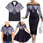 Custom Melbourne Storm Family Matching Off The Shoulder Long Sleeve Dress and Hawaiian Shirt Lightning Warrior Polynesia Islander Rugby Mascot