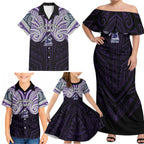 Custom Melbourne Storm Family Matching Off Shoulder Maxi Dress and Hawaiian Shirt Lightning Warrior Polynesia Islander Rugby Mascot
