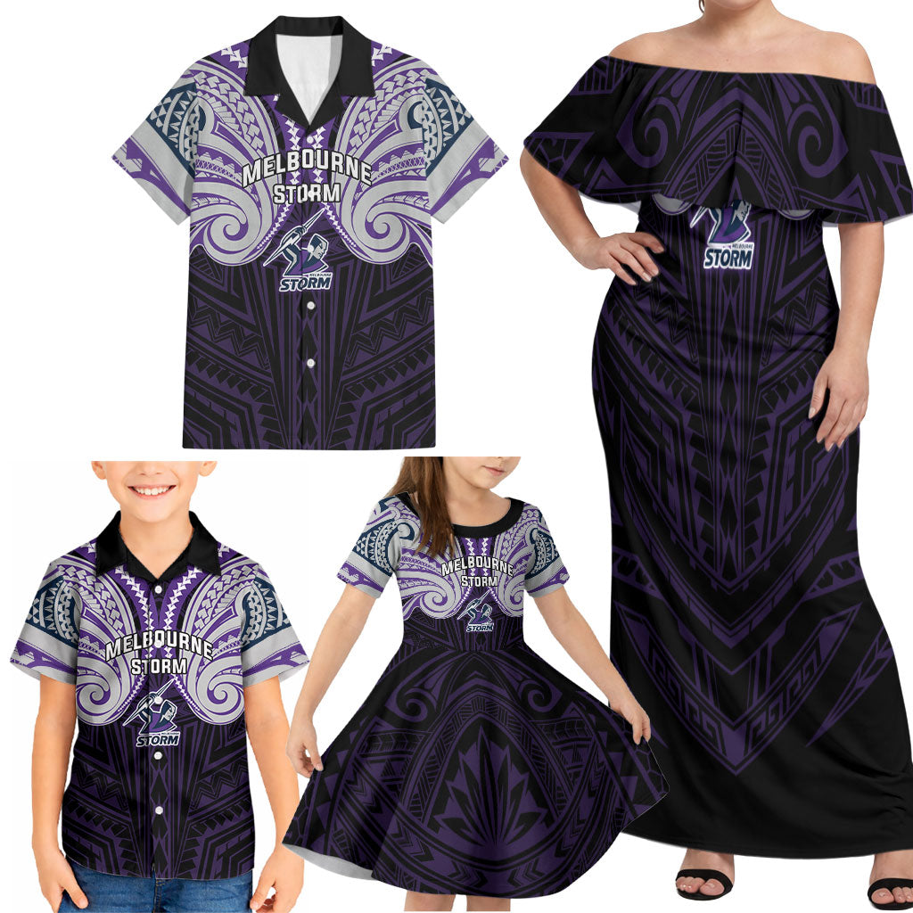 Custom Melbourne Storm Family Matching Off Shoulder Maxi Dress and Hawaiian Shirt Lightning Warrior Polynesia Islander Rugby Mascot