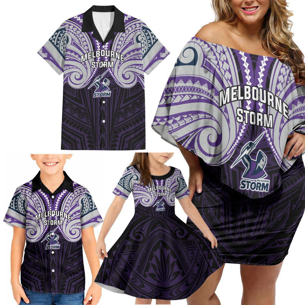 Custom Melbourne Storm Family Matching Off Shoulder Short Dress and Hawaiian Shirt Lightning Warrior Polynesia Islander Rugby Mascot