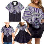 Custom Melbourne Storm Family Matching Off Shoulder Short Dress and Hawaiian Shirt Lightning Warrior Polynesia Islander Rugby Mascot