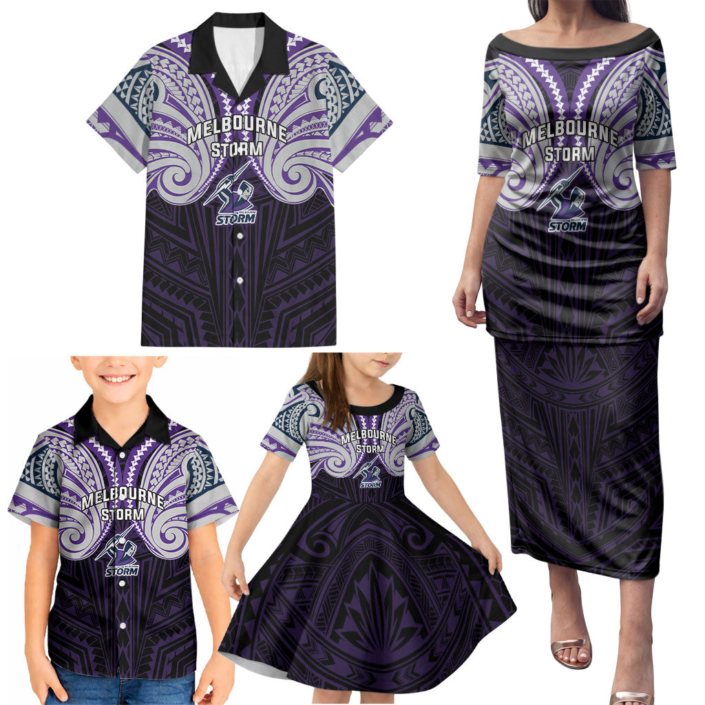 Custom Melbourne Storm Family Matching Puletasi and Hawaiian Shirt Lightning Warrior Polynesia Islander Rugby Mascot