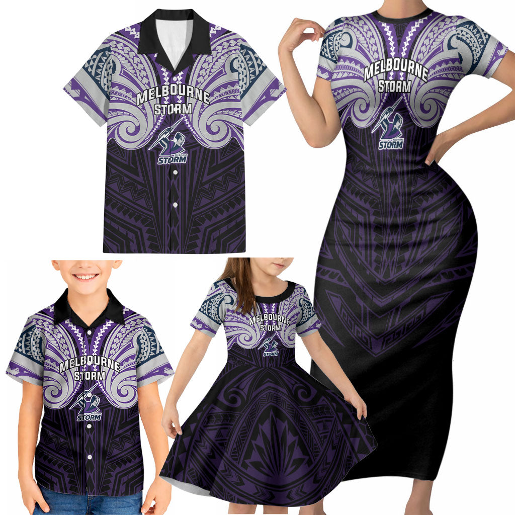 Custom Melbourne Storm Family Matching Short Sleeve Bodycon Dress and Hawaiian Shirt Lightning Warrior Polynesia Islander Rugby Mascot