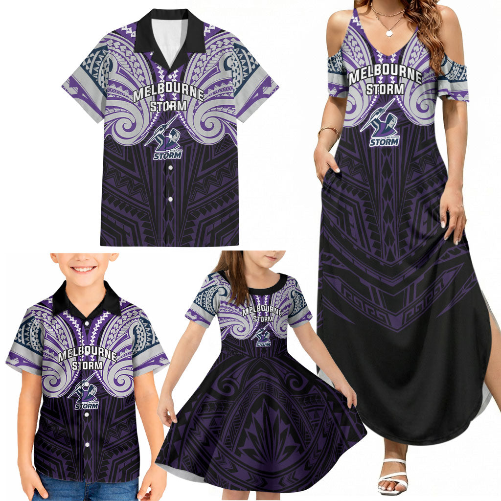 Custom Melbourne Storm Family Matching Summer Maxi Dress and Hawaiian Shirt Lightning Warrior Polynesia Islander Rugby Mascot
