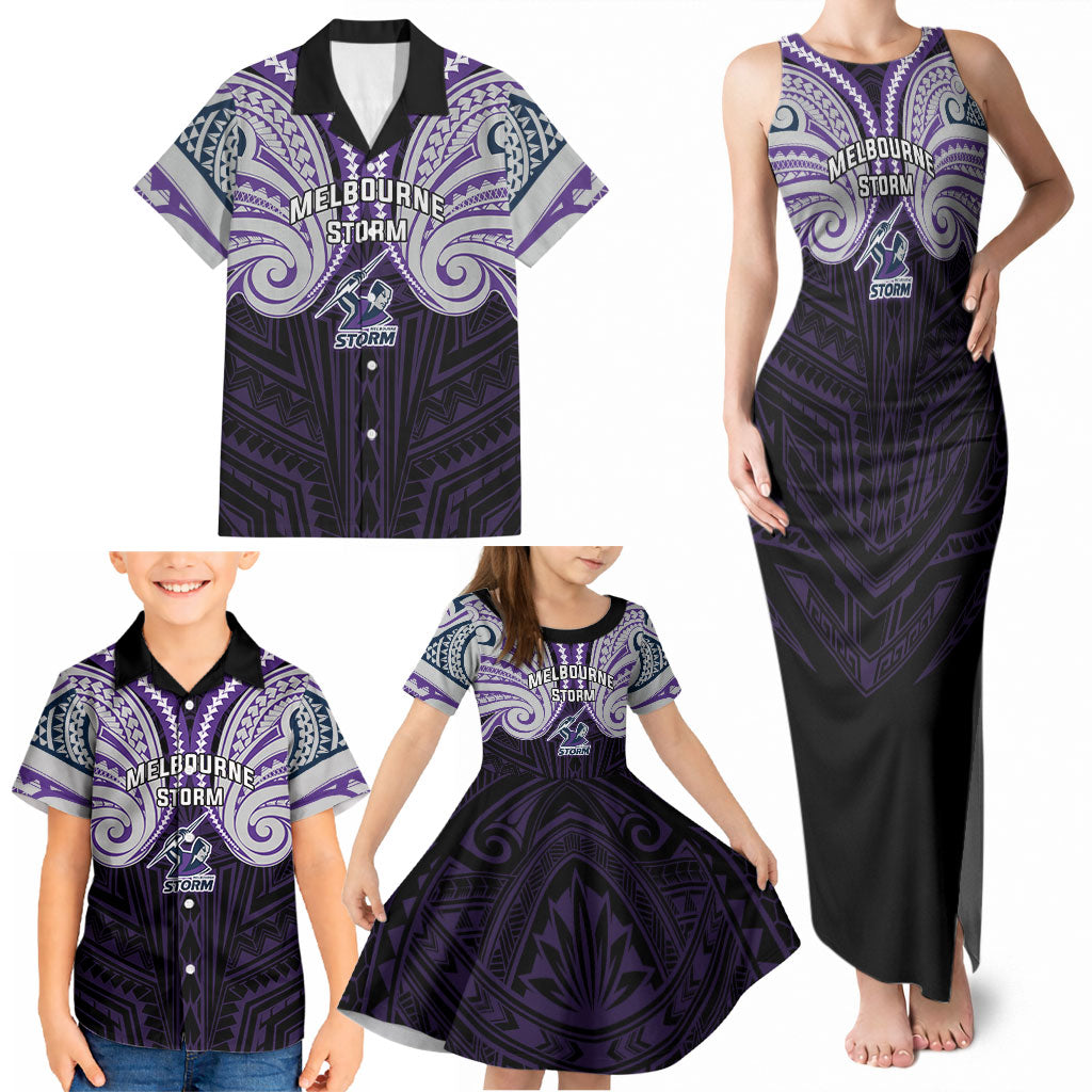 Custom Melbourne Storm Family Matching Tank Maxi Dress and Hawaiian Shirt Lightning Warrior Polynesia Islander Rugby Mascot