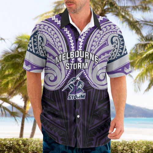 Custom Melbourne Storm Hawaiian Shirt Lightning Warrior Polynesia Islander Rugby Mascot