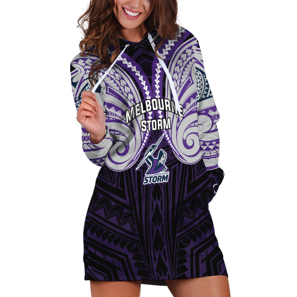 Custom Melbourne Storm Hoodie Dress Lightning Warrior Polynesia Islander Rugby Mascot