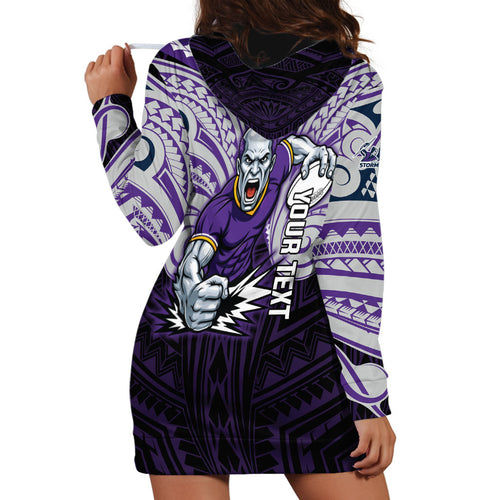 Custom Melbourne Storm Hoodie Dress Lightning Warrior Polynesia Islander Rugby Mascot
