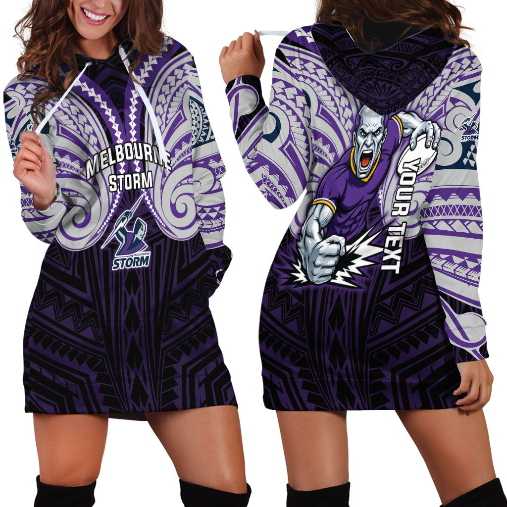 Custom Melbourne Storm Hoodie Dress Lightning Warrior Polynesia Islander Rugby Mascot