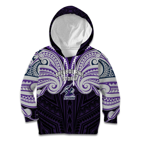 Custom Melbourne Storm Kid Hoodie Lightning Warrior Polynesia Islander Rugby Mascot