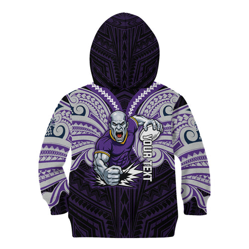 Custom Melbourne Storm Kid Hoodie Lightning Warrior Polynesia Islander Rugby Mascot