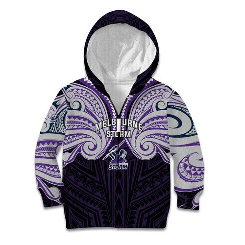 Custom Melbourne Storm Kid Hoodie Lightning Warrior Polynesia Islander Rugby Mascot