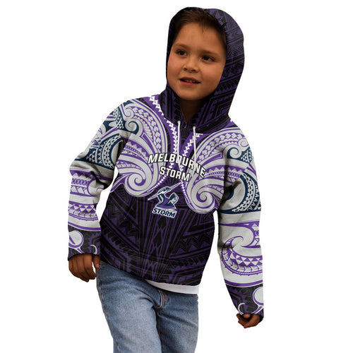 Custom Melbourne Storm Kid Hoodie Lightning Warrior Polynesia Islander Rugby Mascot