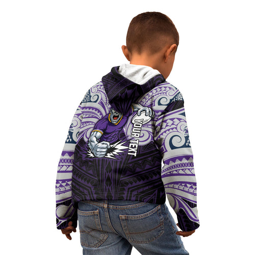 Custom Melbourne Storm Kid Hoodie Lightning Warrior Polynesia Islander Rugby Mascot