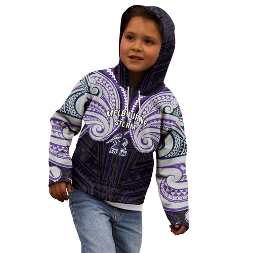 Custom Melbourne Storm Kid Hoodie Lightning Warrior Polynesia Islander Rugby Mascot
