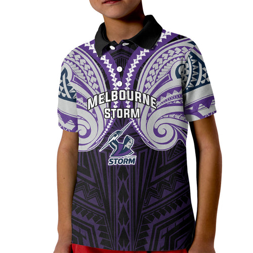 Custom Melbourne Storm Kid Polo Shirt Lightning Warrior Polynesia Islander Rugby Mascot
