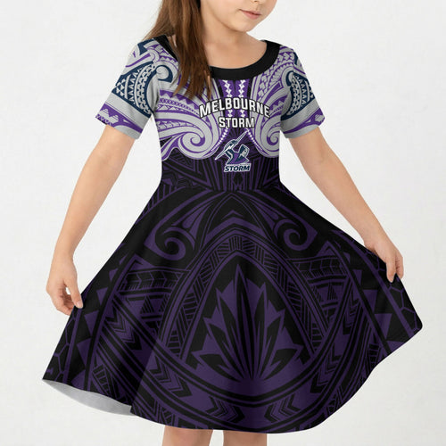 Custom Melbourne Storm Kid Short Sleeve Dress Lightning Warrior Polynesia Islander Rugby Mascot