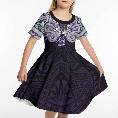 Custom Melbourne Storm Kid Short Sleeve Dress Lightning Warrior Polynesia Islander Rugby Mascot