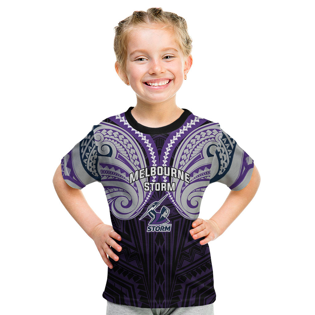 Custom Melbourne Storm Kid T Shirt Lightning Warrior Polynesia Islander Rugby Mascot